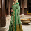 Emerald Green Premium Luxury Silk Saree with Peacock Zari Border & Regal Antique Gold Pallu