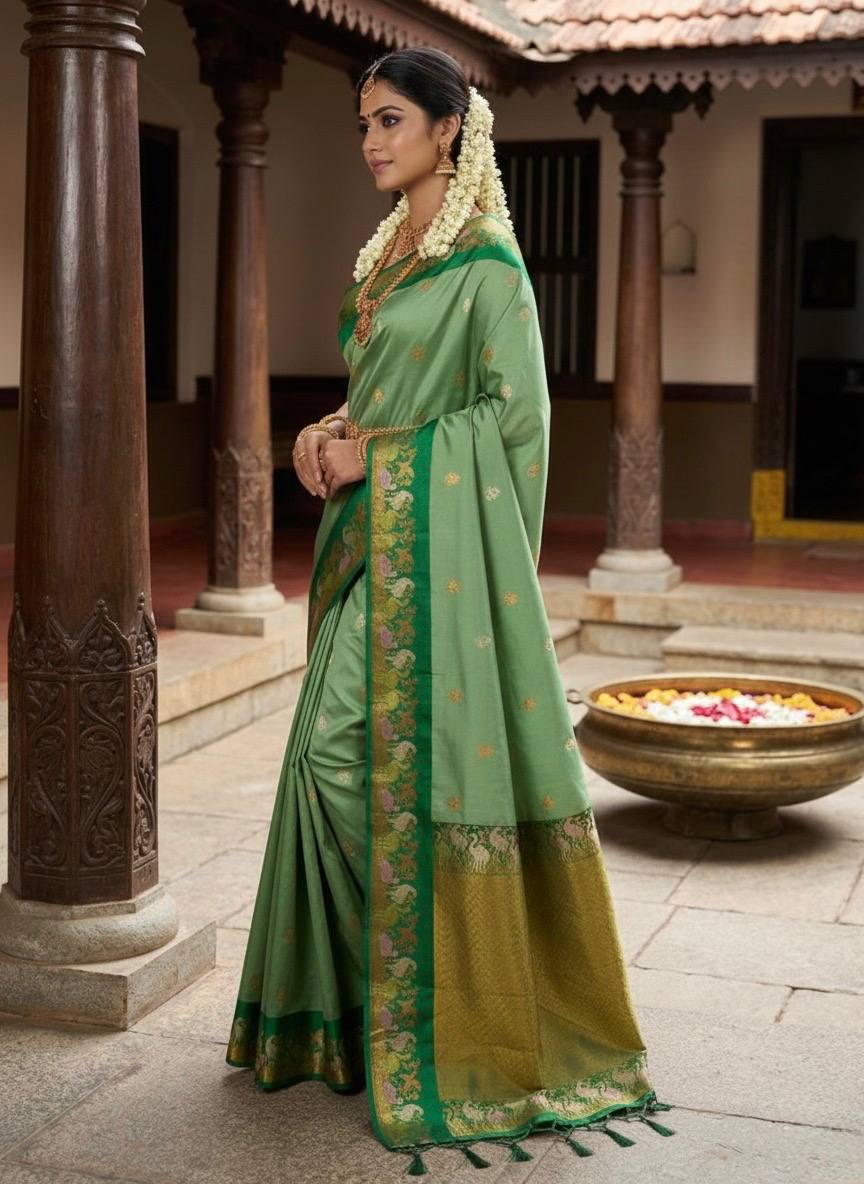 Emerald Green Premium Luxury Silk Saree with Peacock Zari Border & Regal Antique Gold Pallu