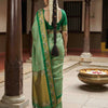 Emerald Green Premium Luxury Silk Saree with Peacock Zari Border & Regal Antique Gold Pallu