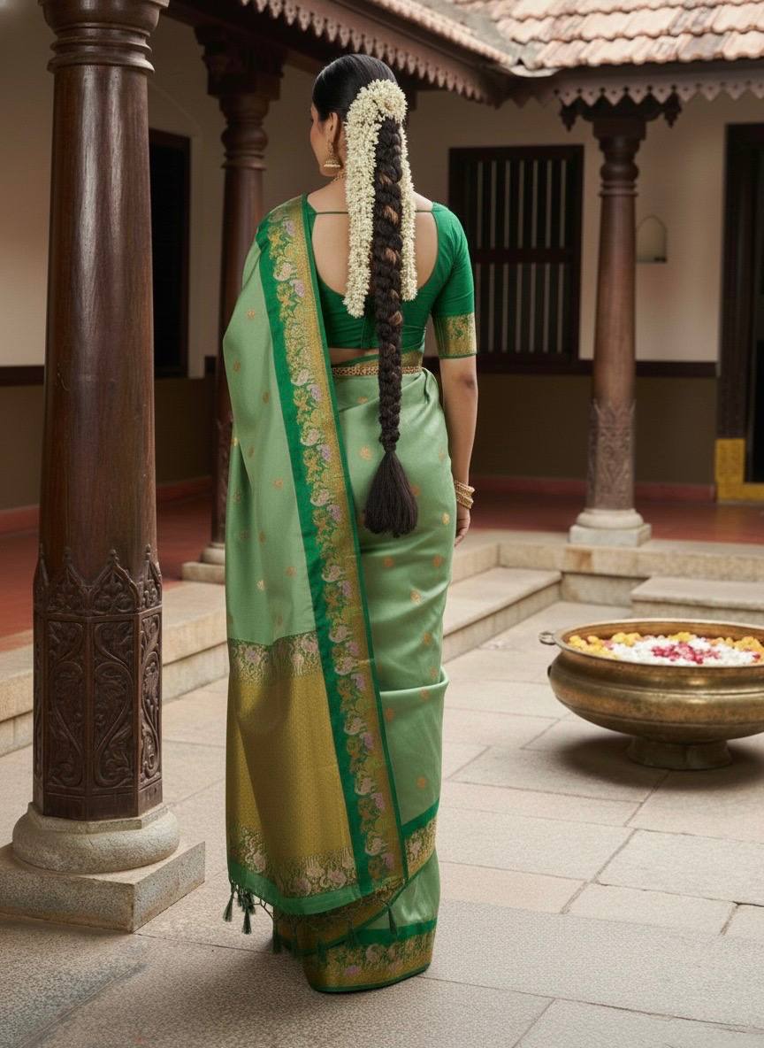 Emerald Green Premium Luxury Silk Saree with Peacock Zari Border & Regal Antique Gold Pallu