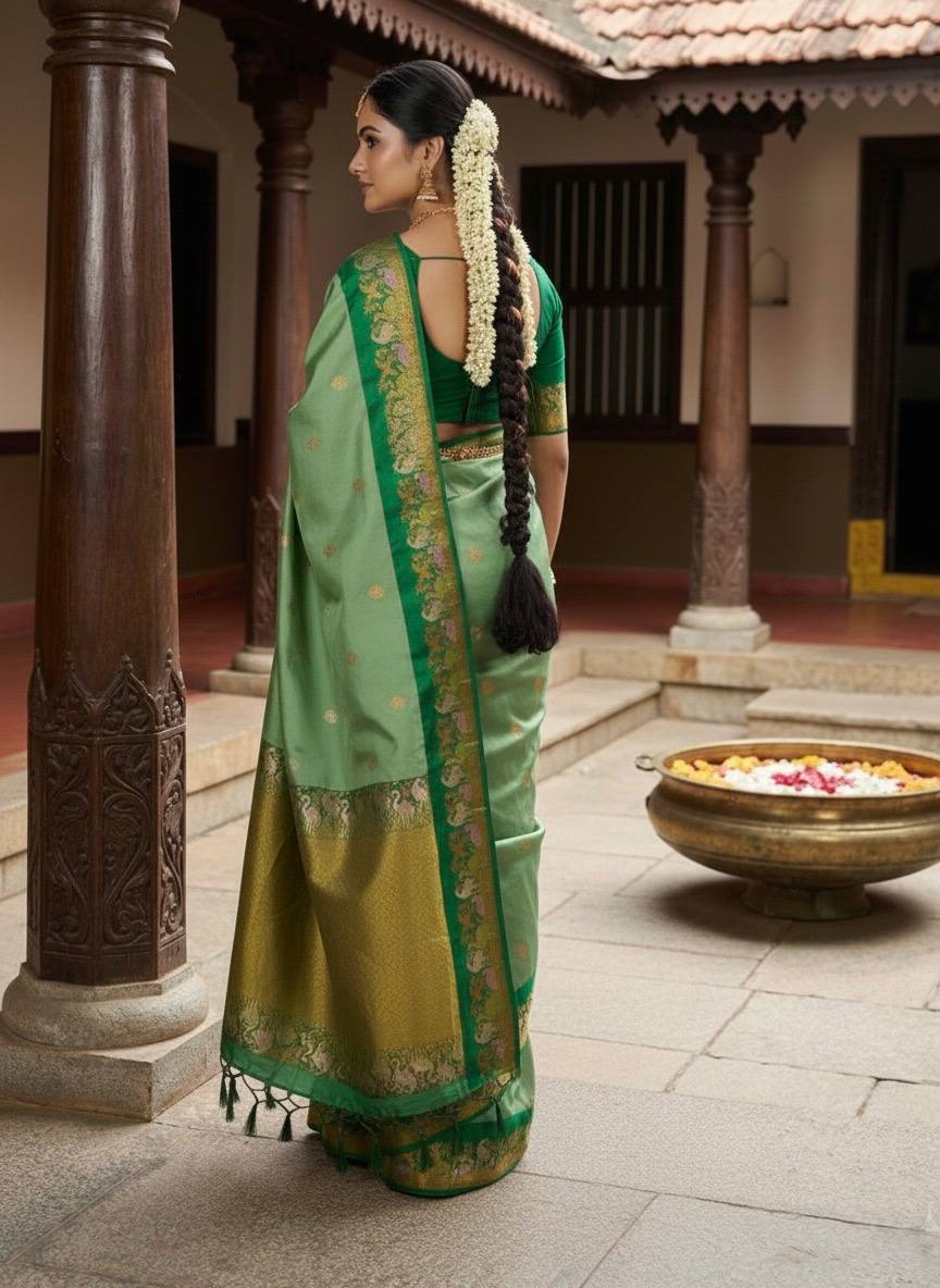Emerald Green Premium Luxury Silk Saree with Peacock Zari Border & Regal Antique Gold Pallu