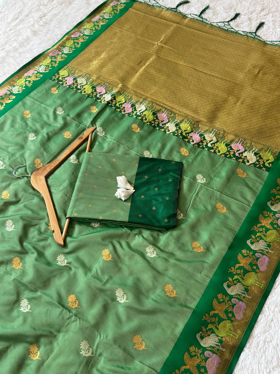 Emerald Green Premium Luxury Silk Saree with Peacock Zari Border & Regal Antique Gold Pallu