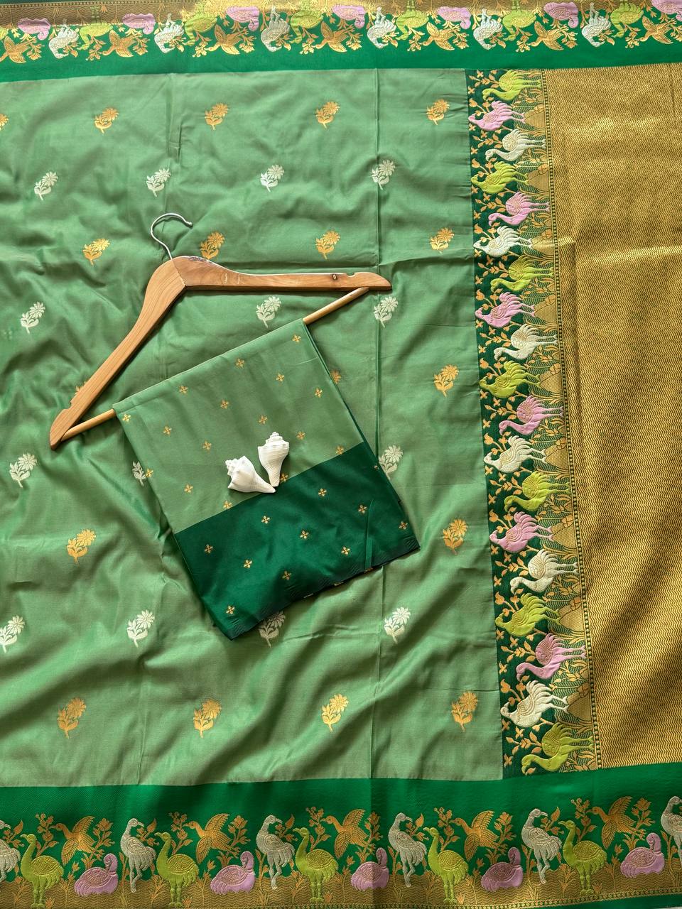 Emerald Green Premium Luxury Silk Saree with Peacock Zari Border & Regal Antique Gold Pallu