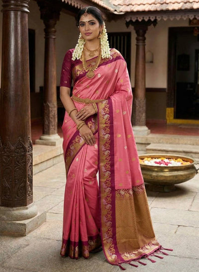 Rose Pink Premium Luxury Silk Saree with Peacock Zari Border & Royal Antique Gold Pallu