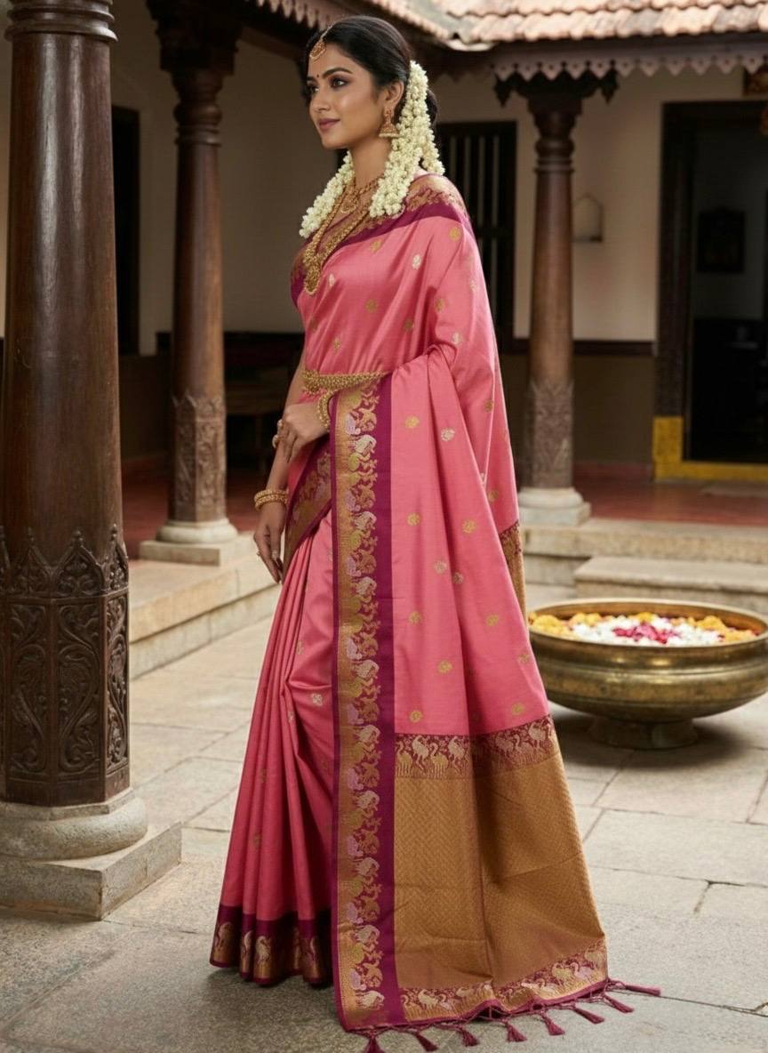 Rose Pink Premium Luxury Silk Saree with Peacock Zari Border & Royal Antique Gold Pallu