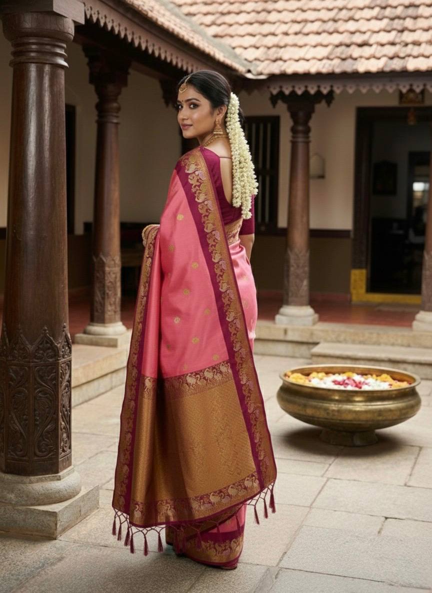 Rose Pink Premium Luxury Silk Saree with Peacock Zari Border & Royal Antique Gold Pallu