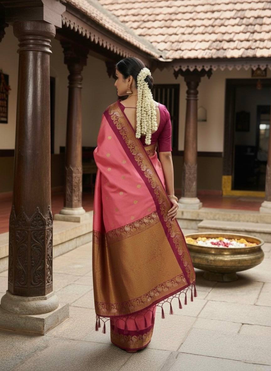 Rose Pink Premium Luxury Silk Saree with Peacock Zari Border & Royal Antique Gold Pallu