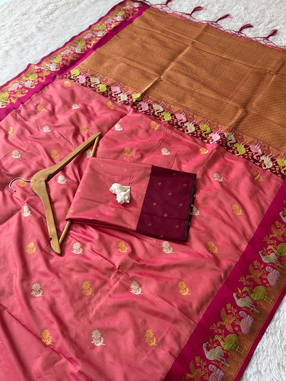 Rose Pink Premium Luxury Silk Saree with Peacock Zari Border & Royal Antique Gold Pallu
