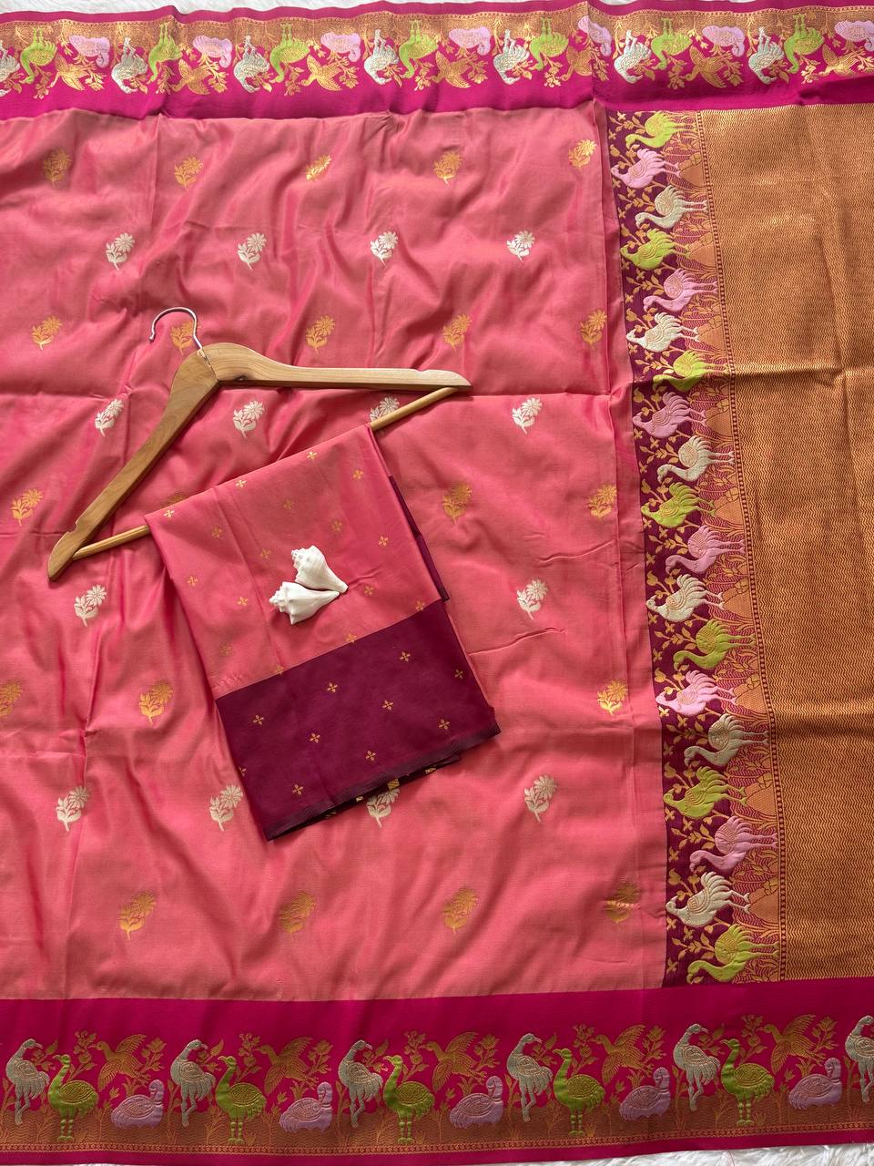 Rose Pink Premium Luxury Silk Saree with Peacock Zari Border & Royal Antique Gold Pallu