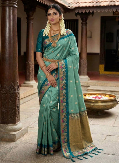 Teal Green Premium Luxury Silk Saree with Peacock Zari Border & Regal Antique Gold Pallu