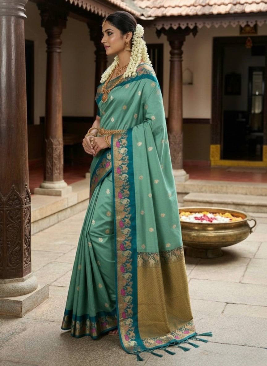 Teal Green Premium Luxury Silk Saree with Peacock Zari Border & Regal Antique Gold Pallu