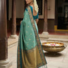 Teal Green Premium Luxury Silk Saree with Peacock Zari Border & Regal Antique Gold Pallu