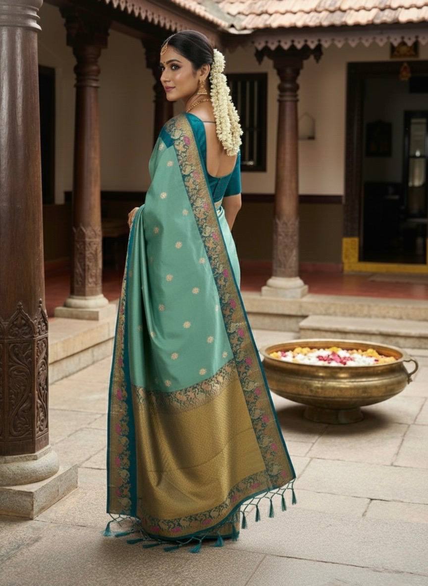 Teal Green Premium Luxury Silk Saree with Peacock Zari Border & Regal Antique Gold Pallu
