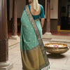 Teal Green Premium Luxury Silk Saree with Peacock Zari Border & Regal Antique Gold Pallu
