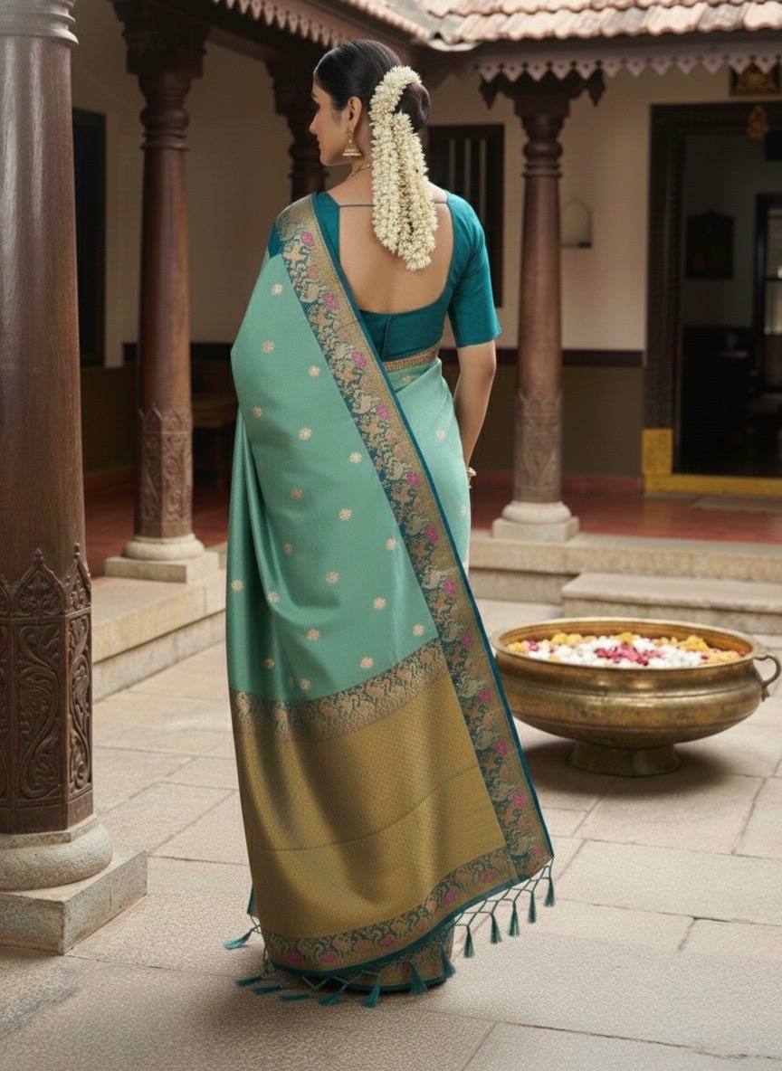Teal Green Premium Luxury Silk Saree with Peacock Zari Border & Regal Antique Gold Pallu
