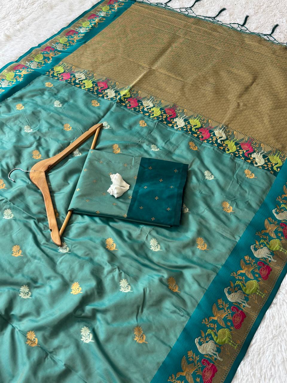 Teal Green Premium Luxury Silk Saree with Peacock Zari Border & Regal Antique Gold Pallu