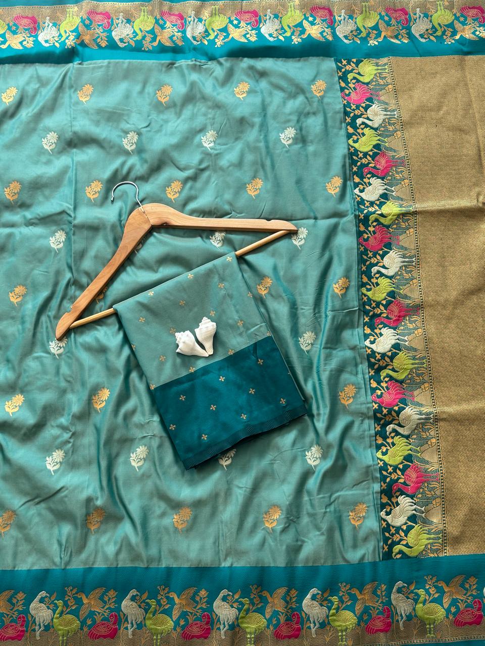 Teal Green Premium Luxury Silk Saree with Peacock Zari Border & Regal Antique Gold Pallu