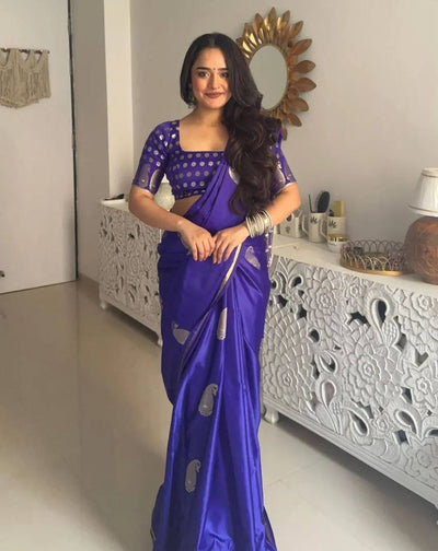 Royal Purple Premium Luxury Silk Saree with Silver Paisley Motifs & Grand Woven Pallu