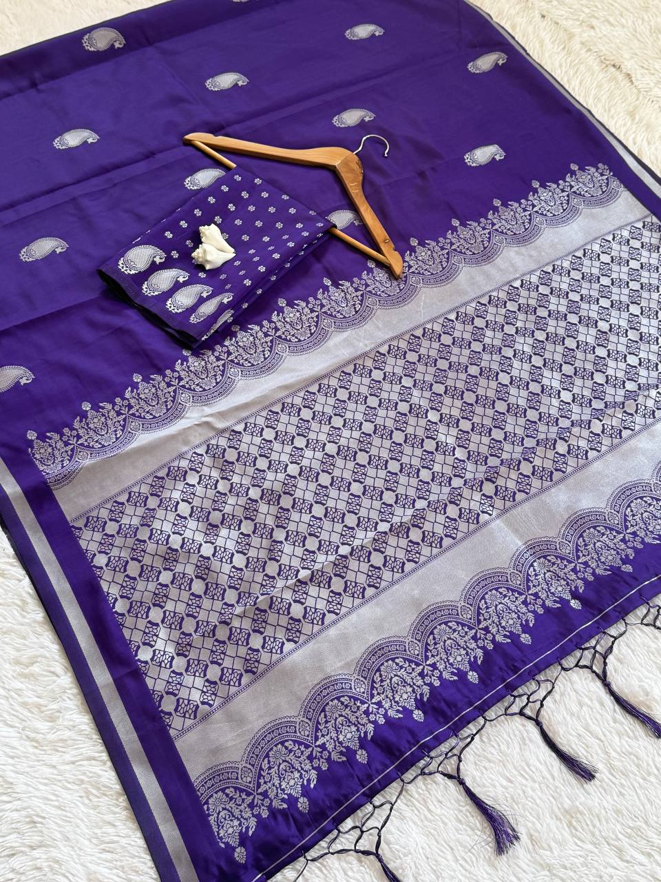 Royal Purple Premium Luxury Silk Saree with Silver Paisley Motifs & Grand Woven Pallu
