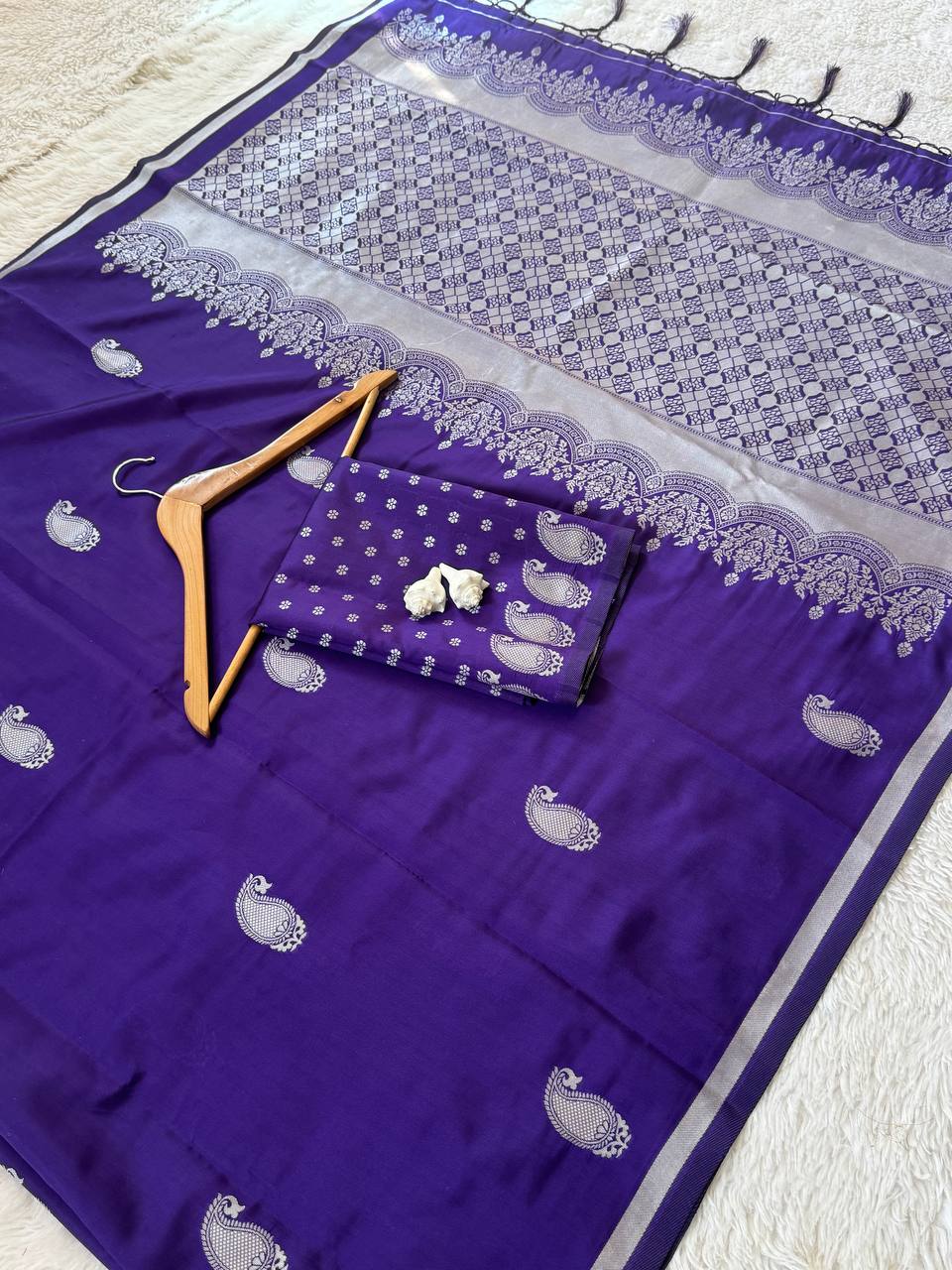 Royal Purple Premium Luxury Silk Saree with Silver Paisley Motifs & Grand Woven Pallu