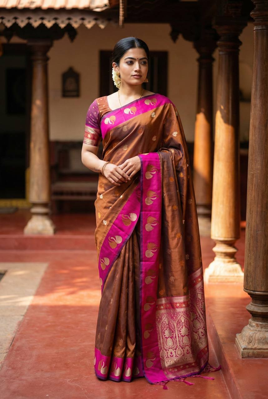 Royal Copper Brown Premium Luxury Silk Saree with Hot Pink Zari Border & Grand Floral Pallu