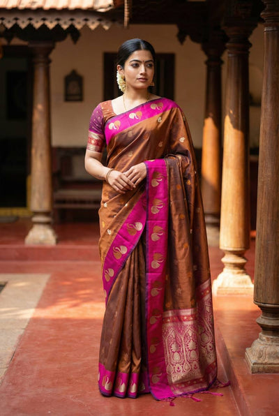 Royal Copper Brown Premium Luxury Silk Saree with Hot Pink Zari Border & Grand Floral Pallu