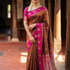 Royal Copper Brown Premium Luxury Silk Saree with Hot Pink Zari Border & Grand Floral Pallu