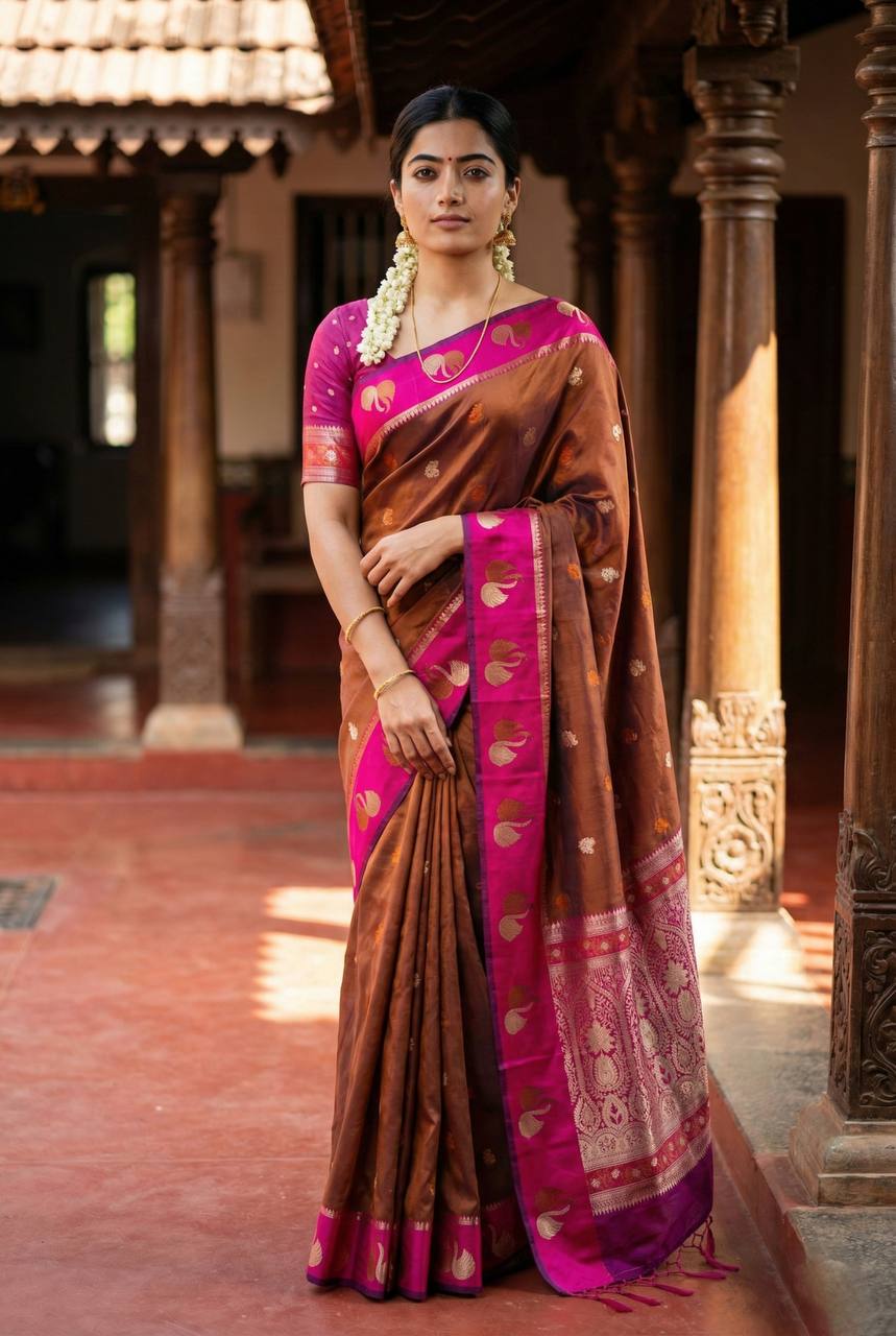 Royal Copper Brown Premium Luxury Silk Saree with Hot Pink Zari Border & Grand Floral Pallu