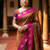 Royal Copper Brown Premium Luxury Silk Saree with Hot Pink Zari Border & Grand Floral Pallu