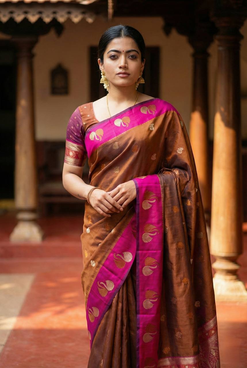 Royal Copper Brown Premium Luxury Silk Saree with Hot Pink Zari Border & Grand Floral Pallu