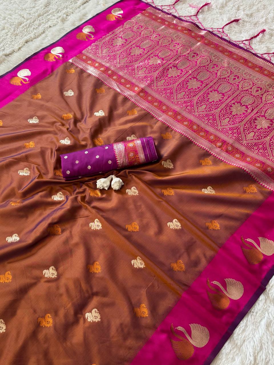 Royal Copper Brown Premium Luxury Silk Saree with Hot Pink Zari Border & Grand Floral Pallu