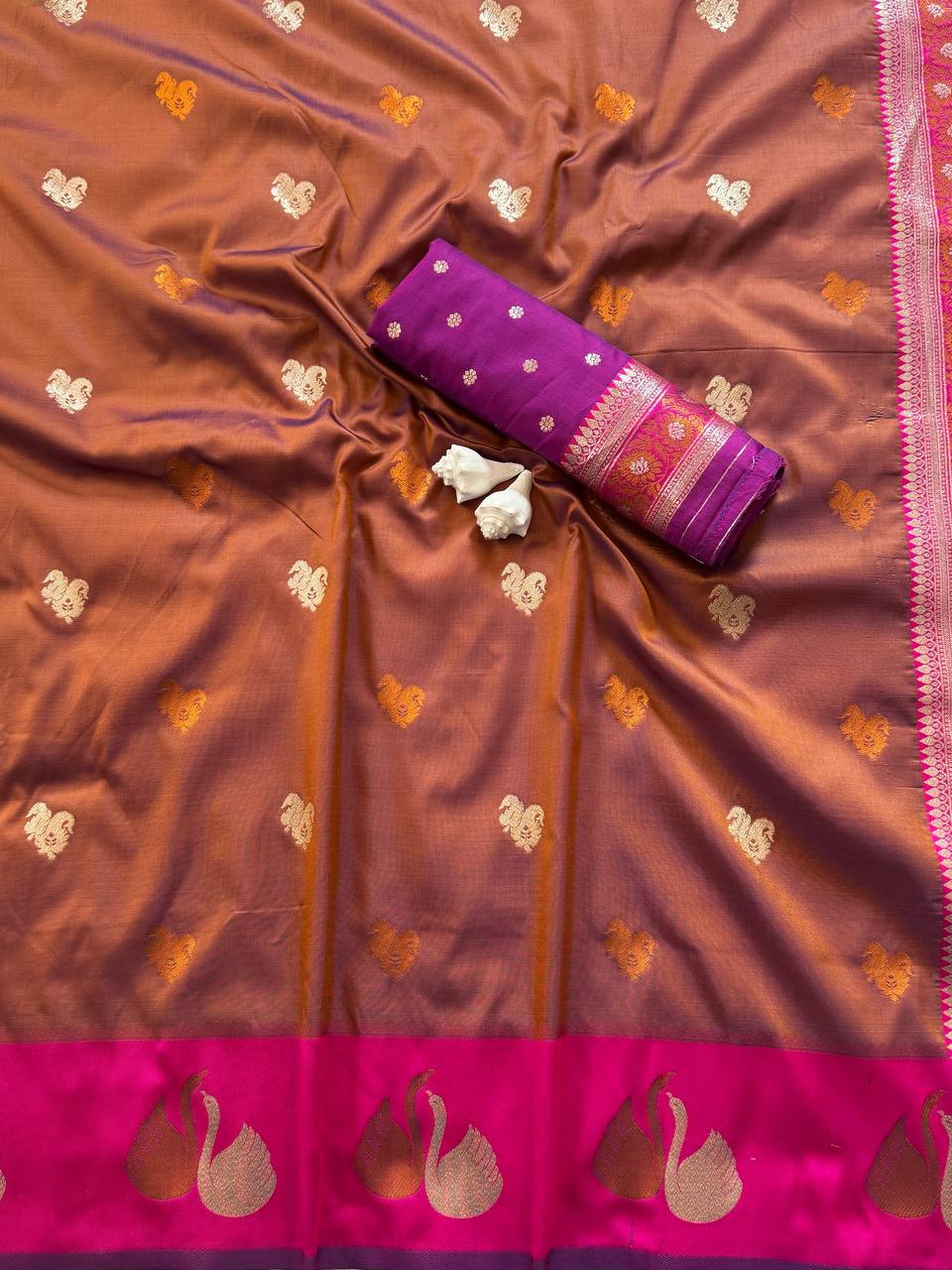 Royal Copper Brown Premium Luxury Silk Saree with Hot Pink Zari Border & Grand Floral Pallu