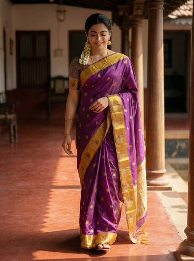 Royal Magenta Purple Premium Luxury Silk Saree with Mustard Gold Swan Zari Border & Grand Banarasi Pallu