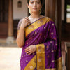 Royal Magenta Purple Premium Luxury Silk Saree with Mustard Gold Swan Zari Border & Grand Banarasi Pallu
