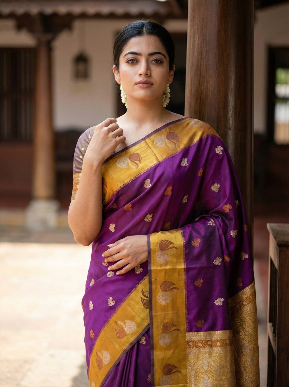 Royal Magenta Purple Premium Luxury Silk Saree with Mustard Gold Swan Zari Border & Grand Banarasi Pallu
