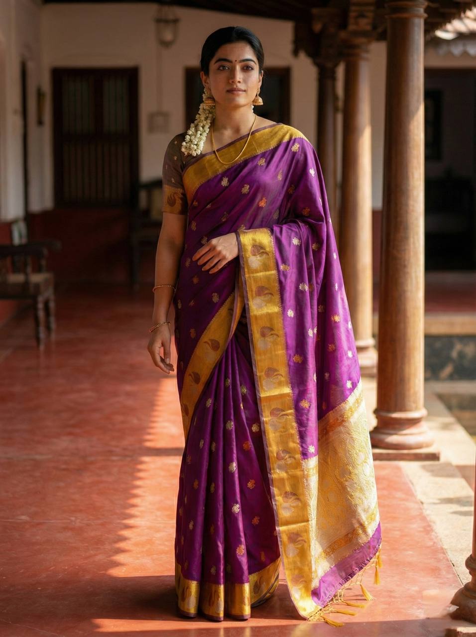 Royal Magenta Purple Premium Luxury Silk Saree with Mustard Gold Swan Zari Border & Grand Banarasi Pallu