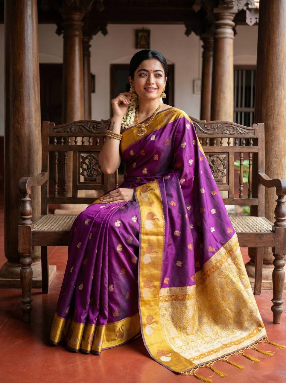 Royal Magenta Purple Premium Luxury Silk Saree with Mustard Gold Swan Zari Border & Grand Banarasi Pallu