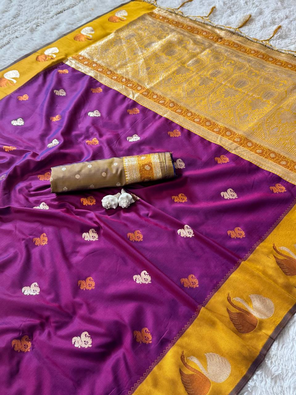 Royal Magenta Purple Premium Luxury Silk Saree with Mustard Gold Swan Zari Border & Grand Banarasi Pallu