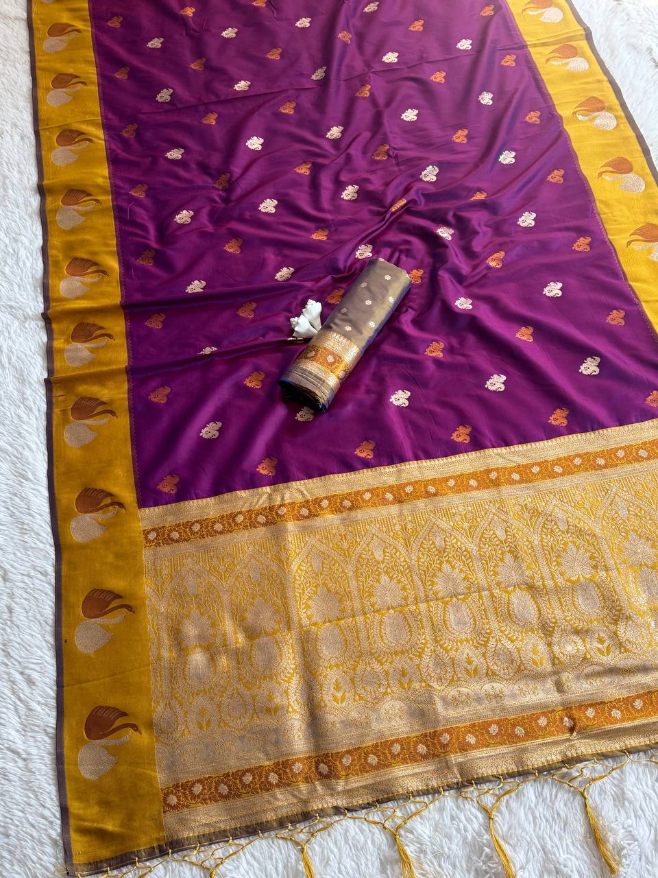 Royal Magenta Purple Premium Luxury Silk Saree with Mustard Gold Swan Zari Border & Grand Banarasi Pallu