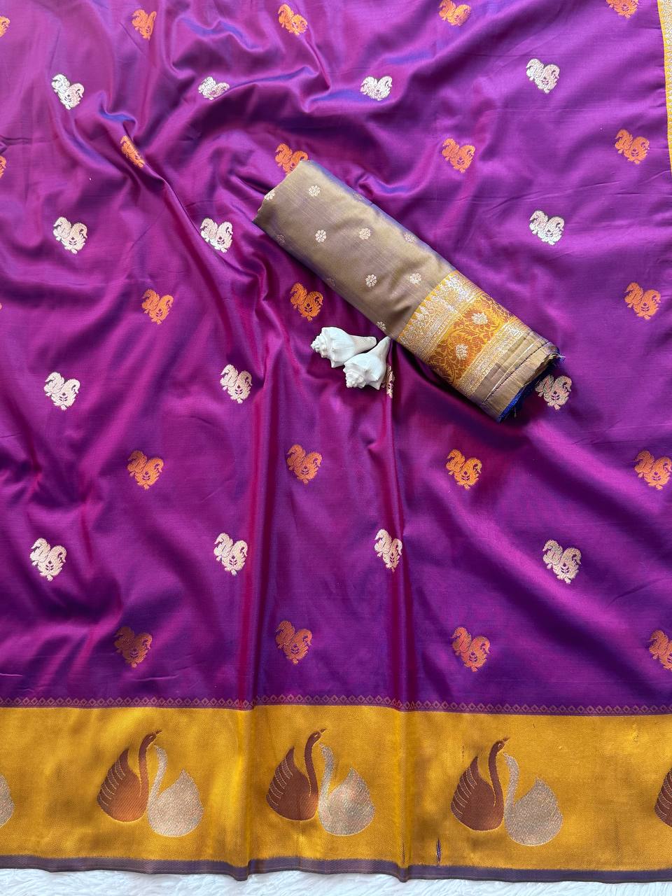 Royal Magenta Purple Premium Luxury Silk Saree with Mustard Gold Swan Zari Border & Grand Banarasi Pallu