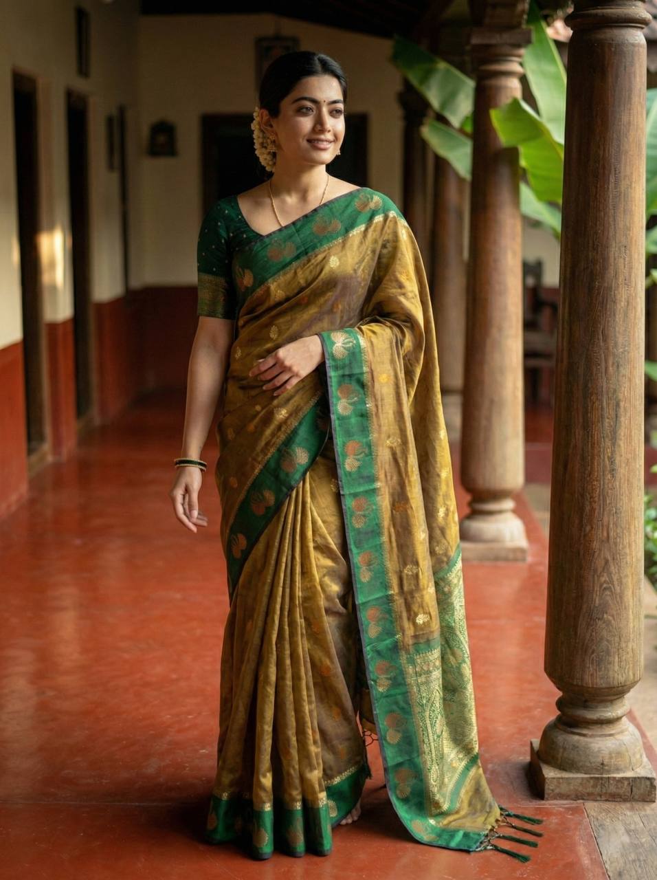 Olive Bronze Premium Luxury Silk Saree with Emerald Green Swan Zari Border & Grand Banarasi Pallu