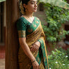 Olive Bronze Premium Luxury Silk Saree with Emerald Green Swan Zari Border & Grand Banarasi Pallu