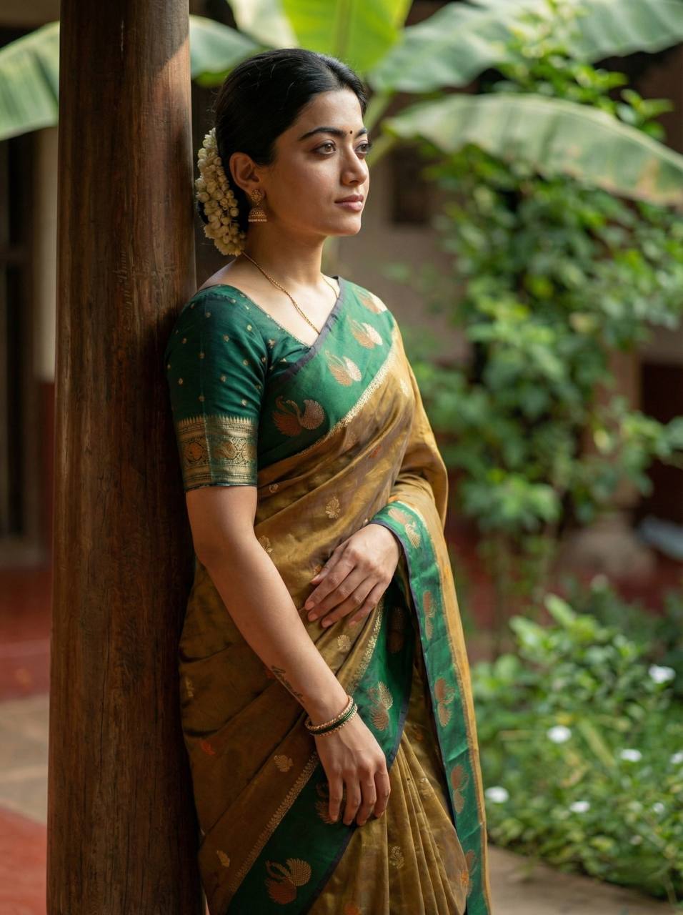 Olive Bronze Premium Luxury Silk Saree with Emerald Green Swan Zari Border & Grand Banarasi Pallu
