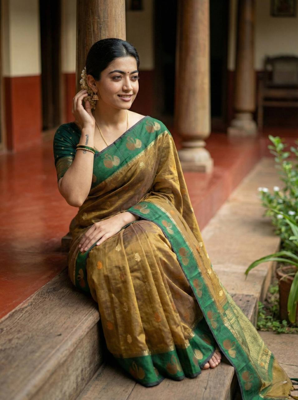 Olive Bronze Premium Luxury Silk Saree with Emerald Green Swan Zari Border & Grand Banarasi Pallu