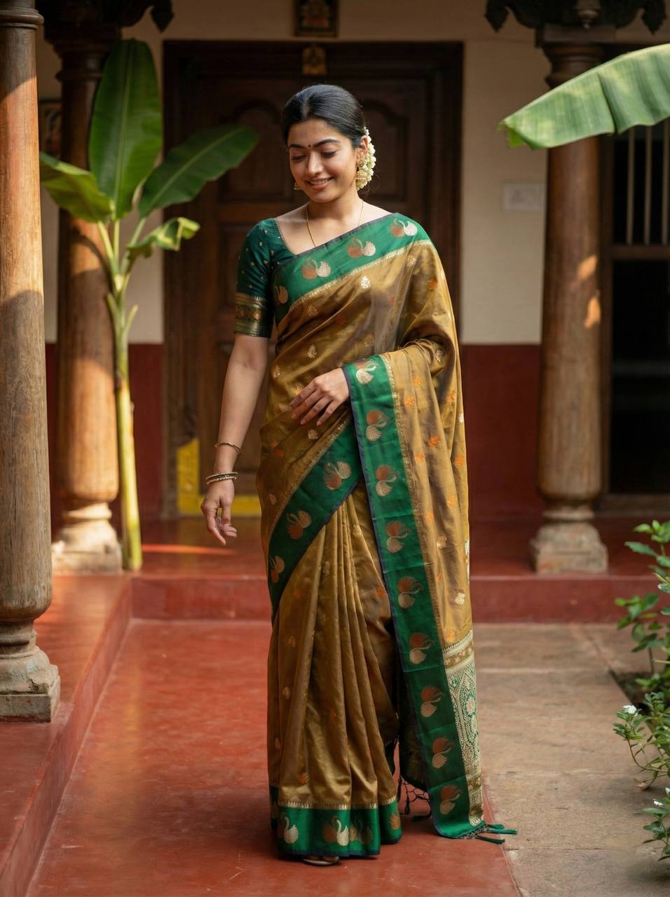 Olive Bronze Premium Luxury Silk Saree with Emerald Green Swan Zari Border & Grand Banarasi Pallu