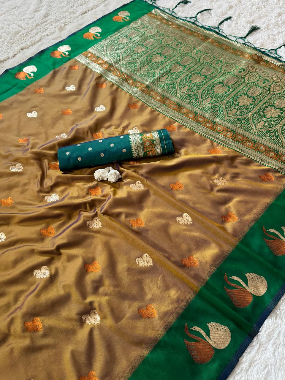 Olive Bronze Premium Luxury Silk Saree with Emerald Green Swan Zari Border & Grand Banarasi Pallu