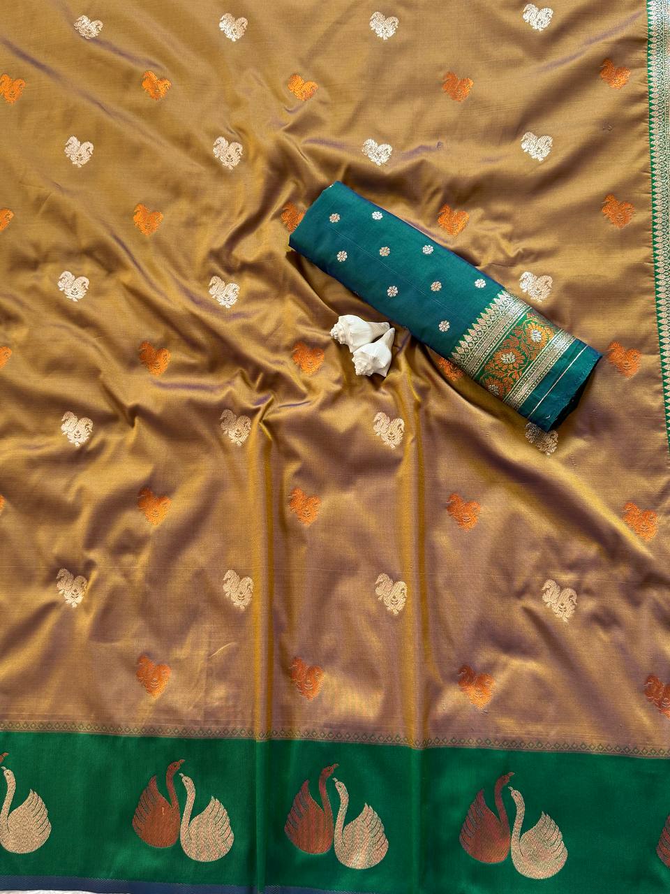 Olive Bronze Premium Luxury Silk Saree with Emerald Green Swan Zari Border & Grand Banarasi Pallu