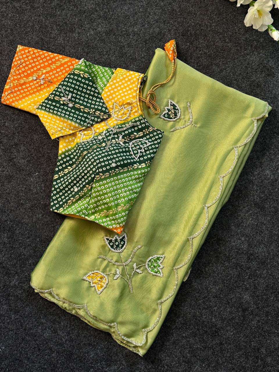 Heer Phool Embroidered Silk Saree Collection with Bandhani Blouse