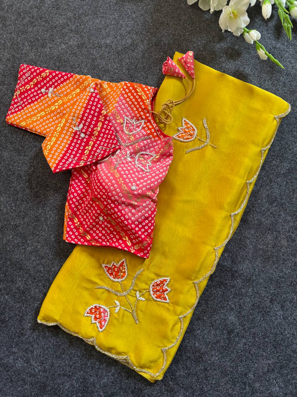 Heer Phool Embroidered Silk Saree Collection with Bandhani Blouse