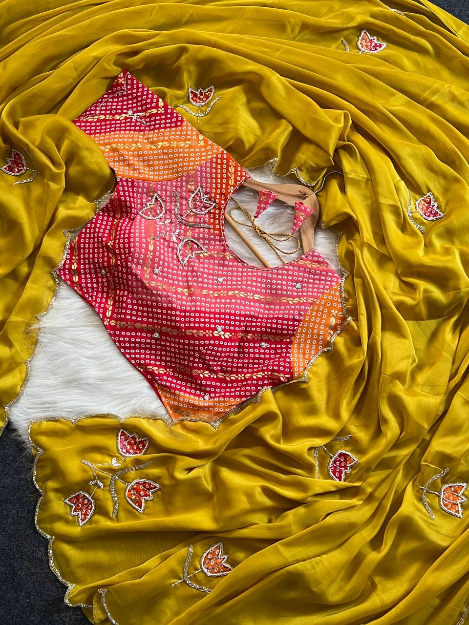 Heer Phool Embroidered Silk Saree Collection with Bandhani Blouse